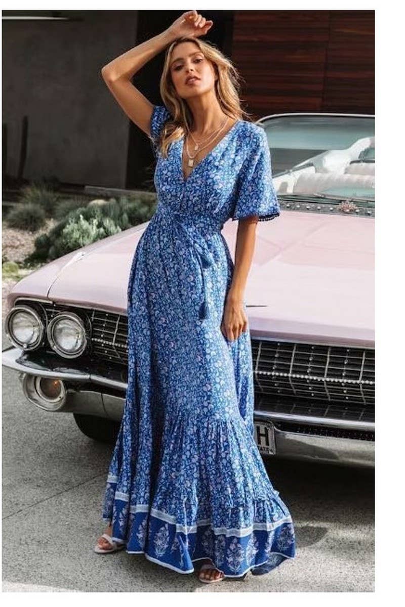 CWDMD01239_V NECK BOHEMIAN PLACEMENT PRINT DRESS