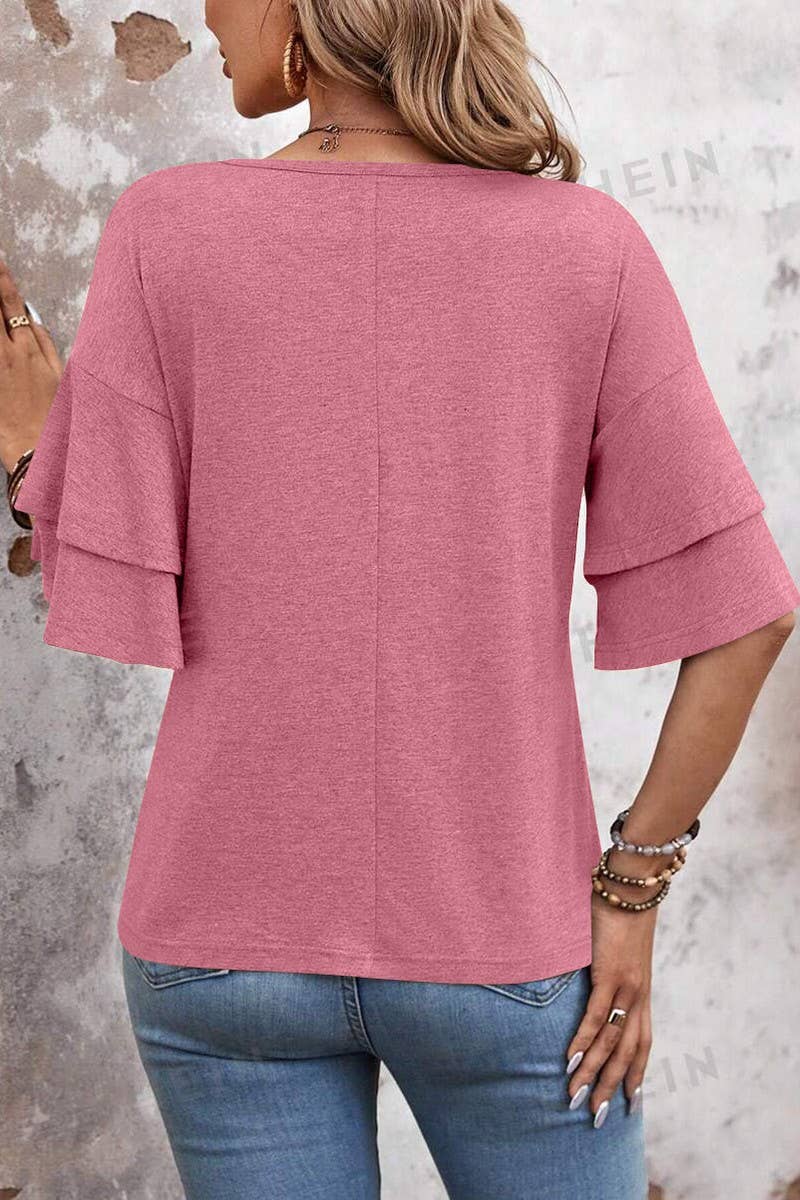 CWTBLS1614_SOLID COLOR V-NECK DOUBLE-LAYER SLEEVE T-SHIRT