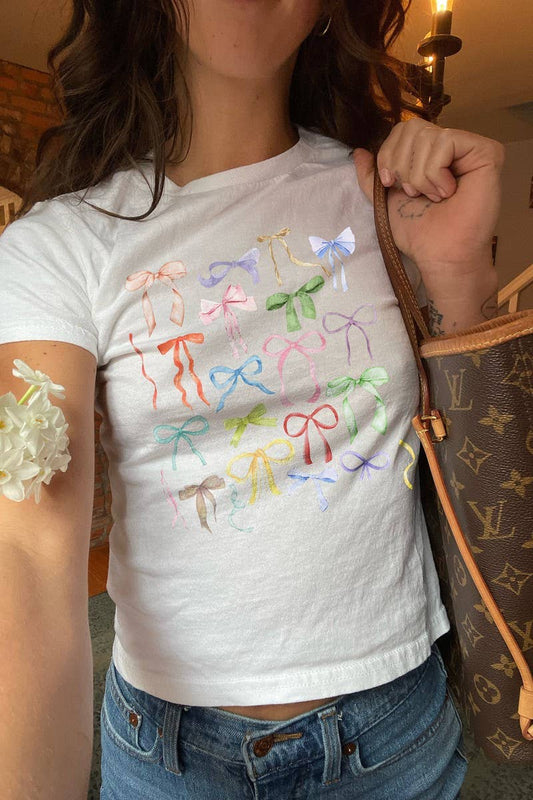 CWTTS1569_CASUAL BOW PRINT SHORT SLEEVE T-SHIRT