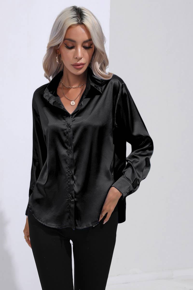 CWTBLL0690_Button Down Silky Satin Long Sleeve Top