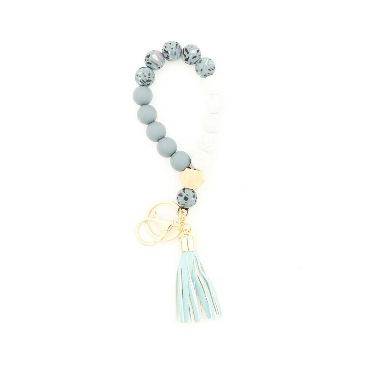 Silicone & Wood Bead Bracelet with Leather Keychain