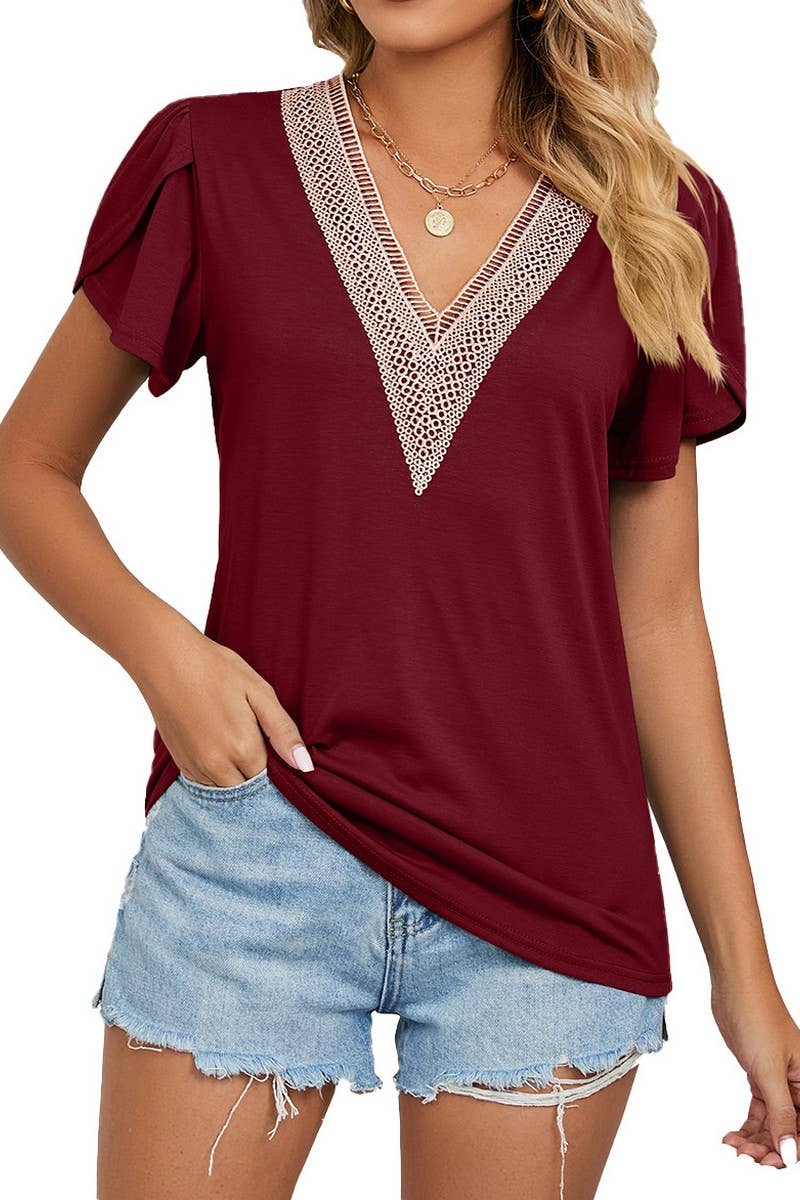 CWTBLS0872_V-NECK GOLD LACE SHORT-SLEEVED T-SHIRT