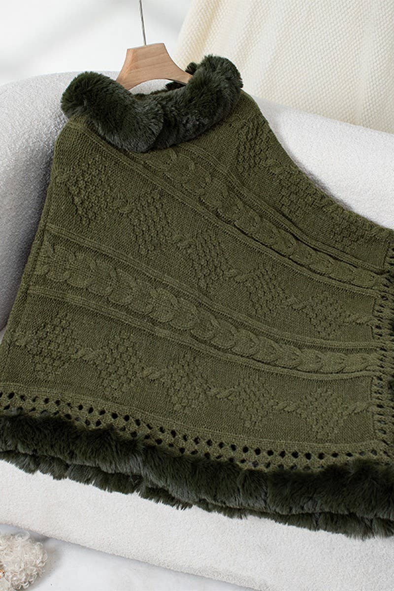 CWOSWS0093_FAUX RABBIT FUR COLLAR CABLE SWEATER CAPE COAT