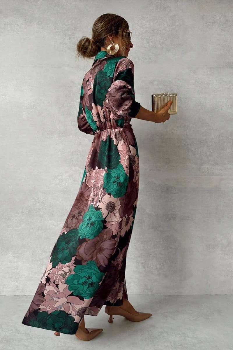 CWDMD5863_ELEGANT PRINTED TIE-WAIST LONG SLEEVE DRESS