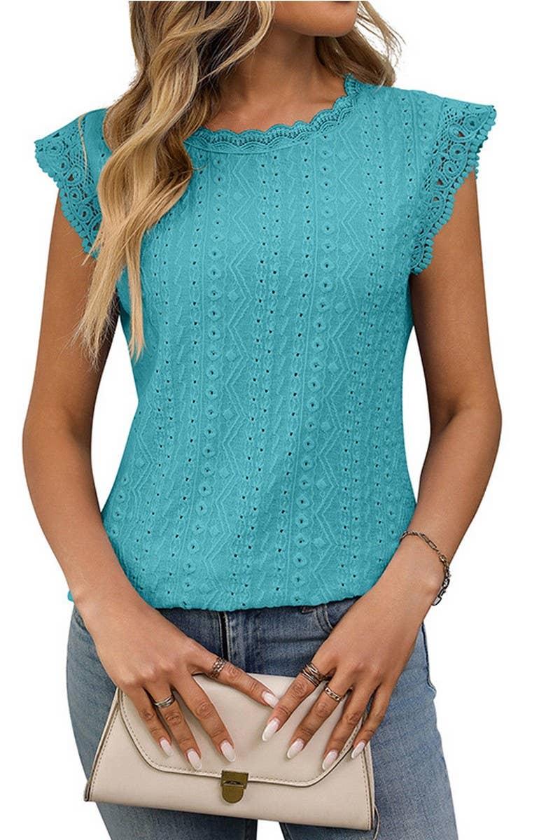 CWTBLS1619_SOLID COLOR ROUND NECK LACE STITCHING HOLLOW TOP