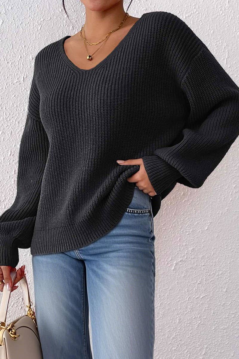 CWTTT00016_WOMEN SOLID V NECK LOOSE KNIT PULLOVER SWEATER