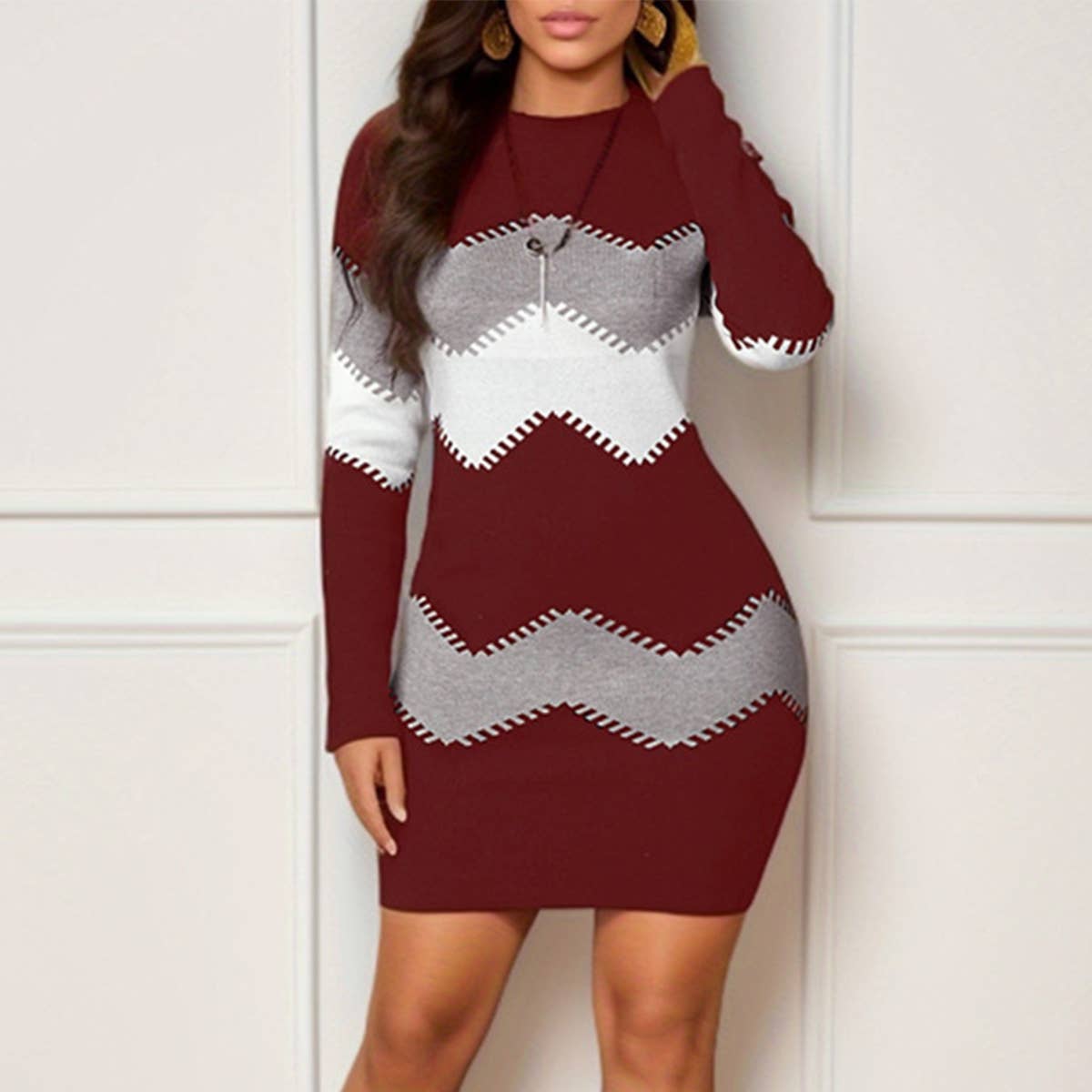 CREW-NECK LONG-SLEEVED KNIT DRESS WITH HIP WRAP