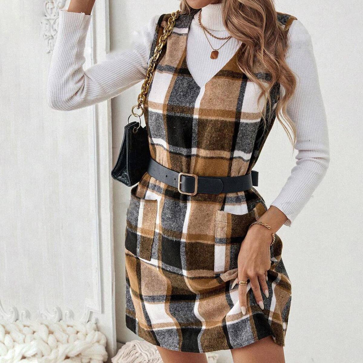 CASUAL PLAID KNEE-LENGTH SLEEVELESS V-NECK DRESS