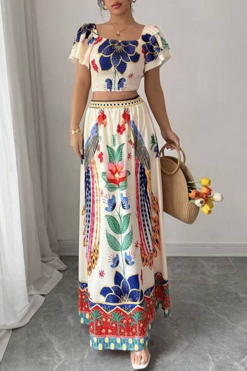 CWSTB2002_BOHO FLORAL PRINT SHORT SLEEVE TOP & MAXI SET