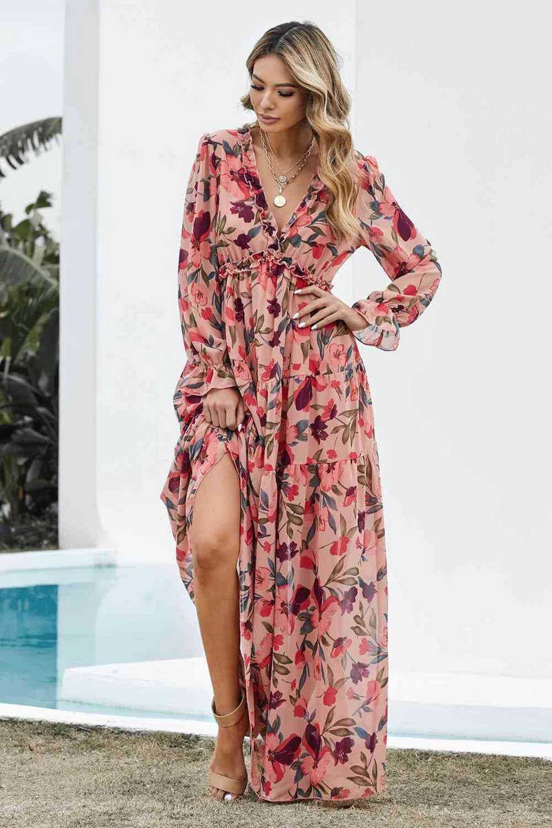 CWDMD6397_V-NECK FLORAL BOHEMIAN HIGH WAIST DRESS