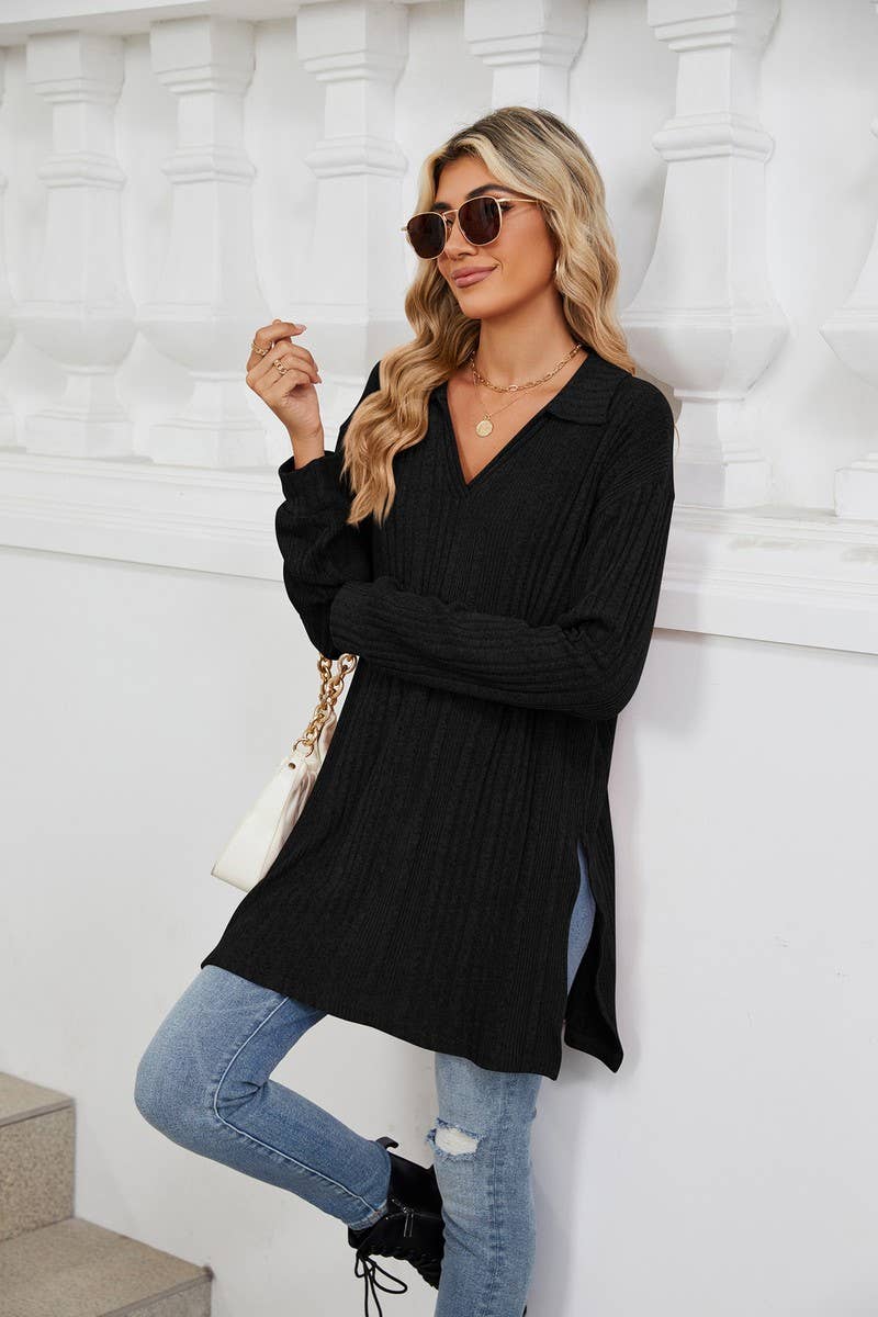 CWTBLL3668_FLIP COLLAR SLIT LONG SLEEVED LOOSE T-SHIRT TOP