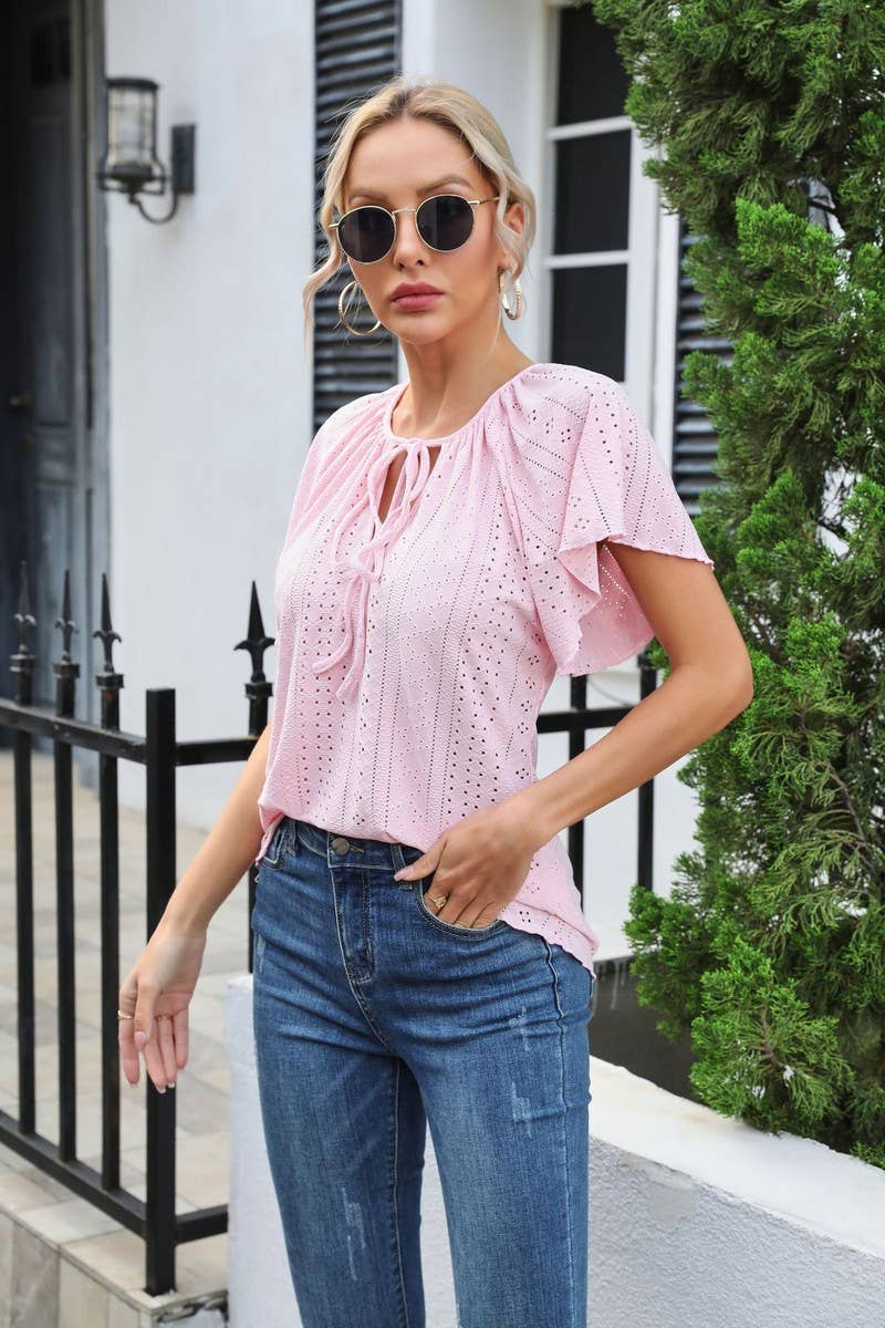 CWTBLS0407_Round Neck Short Sleeve Casual Knit Top