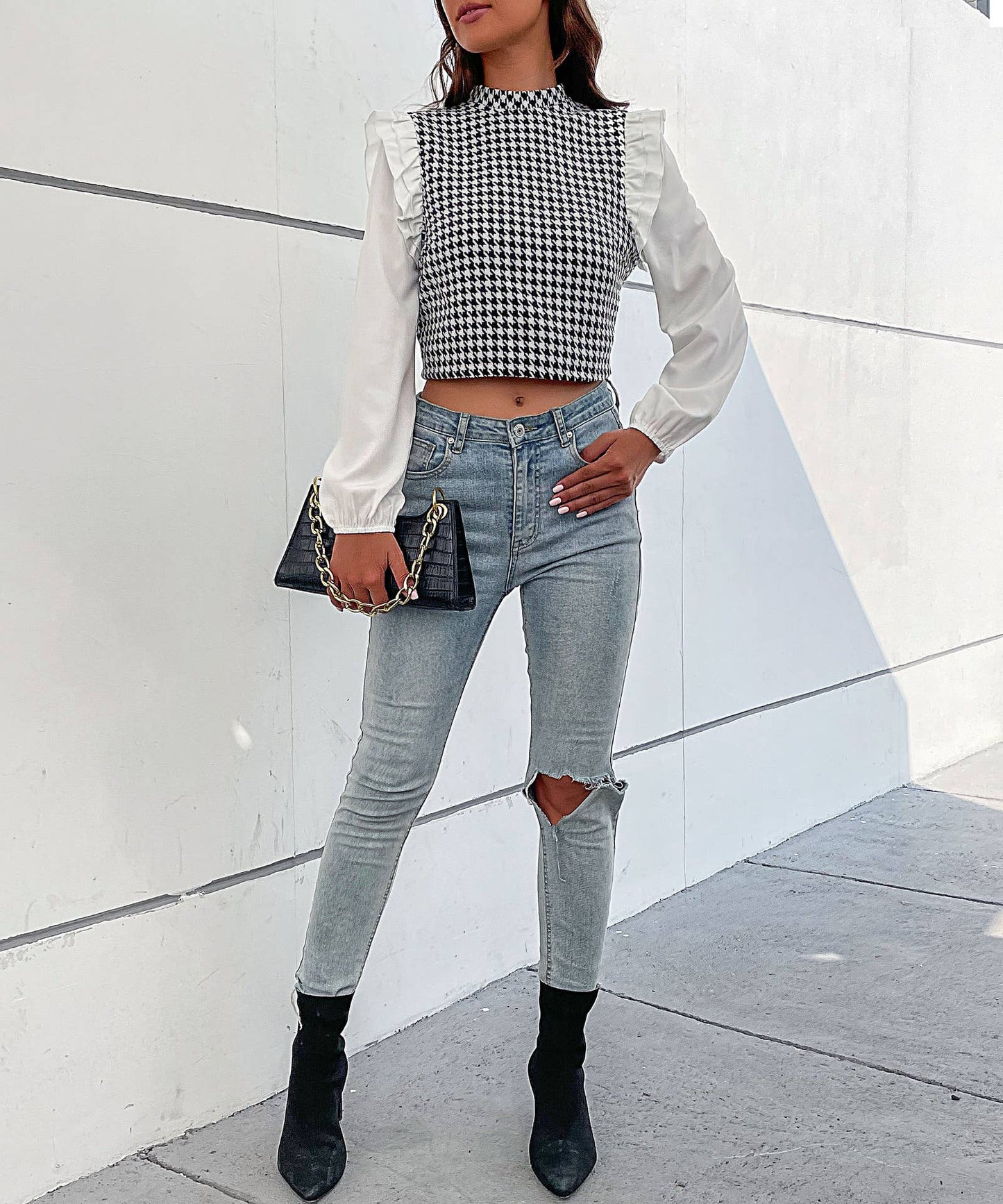 Checkered long-sleeved ruffled patchwork shirt