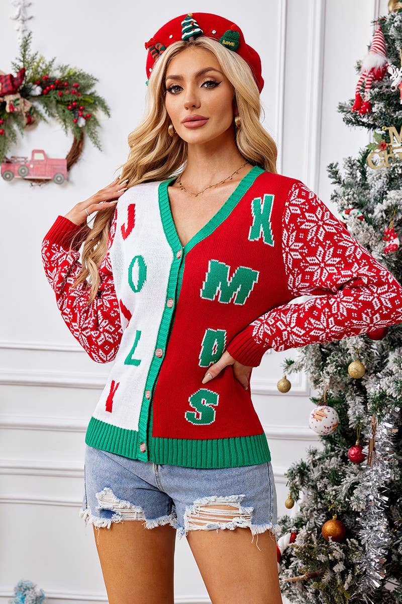 CWOCAS0040_V-NECK LETTER JACQUARD CHRISTMAS KNITTED CARDIGAN