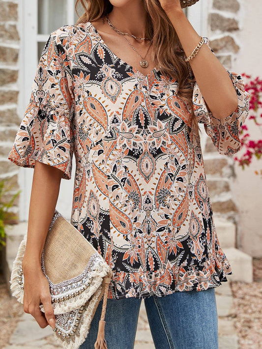 Casual flared sleeve V-neck loose printed T-shirt
