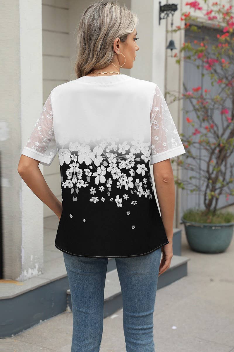 CWTBLS1706_V-NECK PRINTED CHIFFON SHORT-SLEEVED TOP