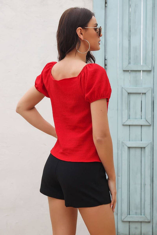 CWTBLS0409_V-Neck Short Sleeve Button Detailed Top