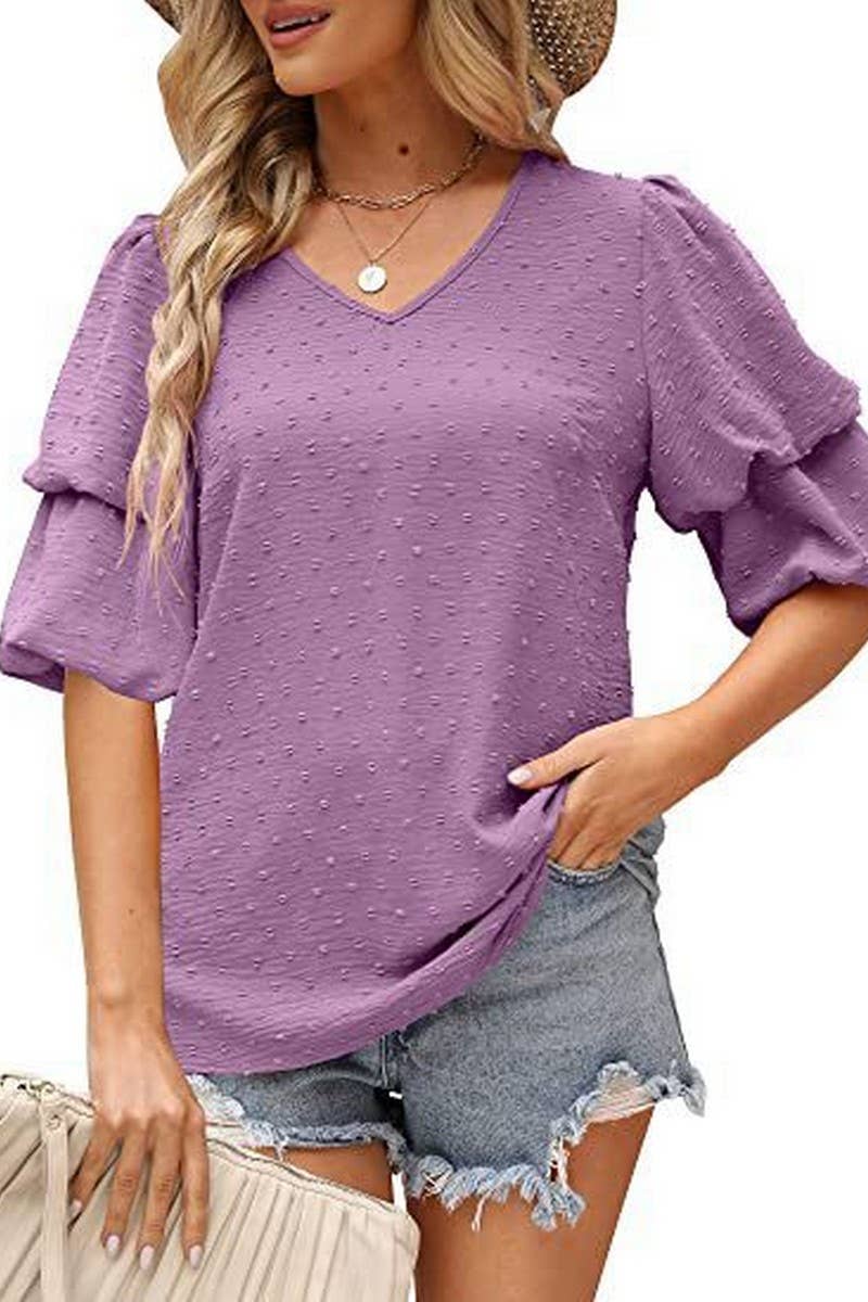 CWTBLS02488_V-NECK LANTERN SLEEVE DOT CHIFFON TOP