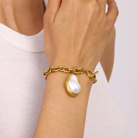 18K Gold Plated Pearl Pendant Cross OT Clasp Chain_CWAJE4759