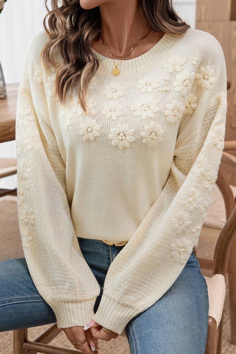 CWOSWL07056_EMBROIDERED 3D DAISY LOOSE KNIT SWEATER