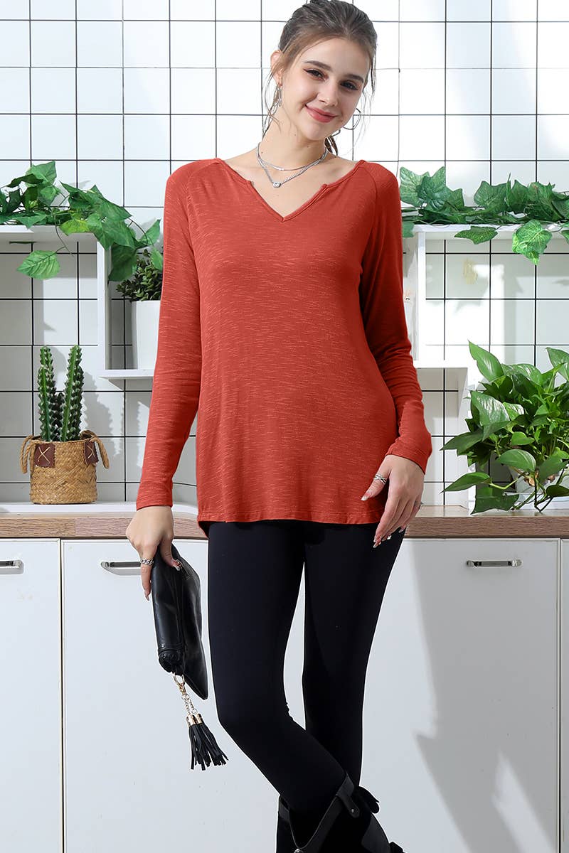 CWTTL1001_NOTCH NECK LONG SLEEVE CREPE SLUB BASIC TOP