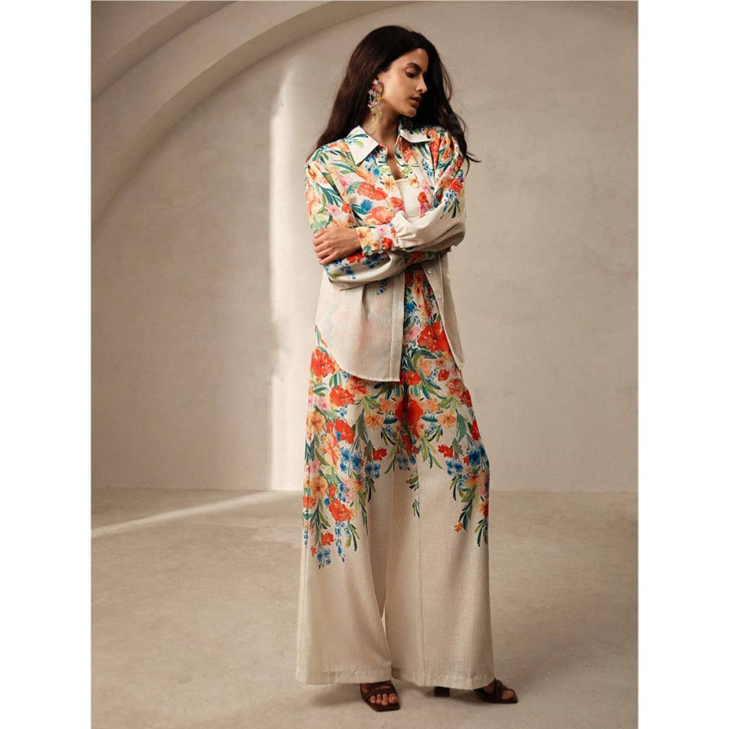 Fashion floral printed shirt and trousers set