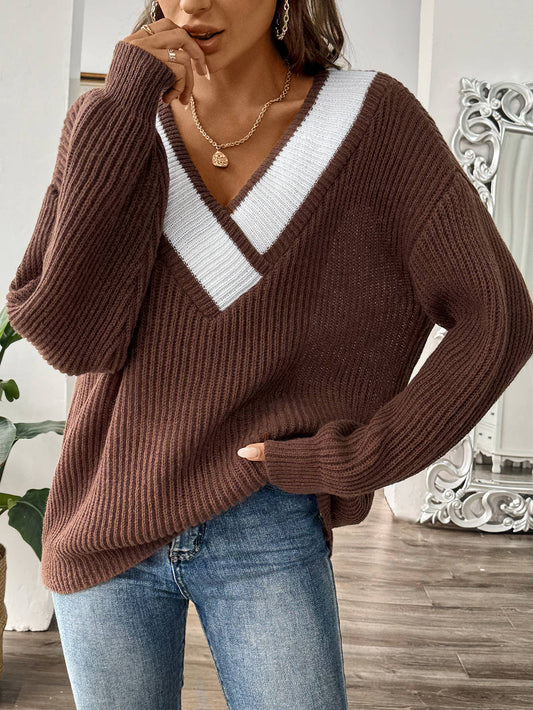 COLOR CONTRAST PATCHWORK V-NECK PULLOVER SWEATER