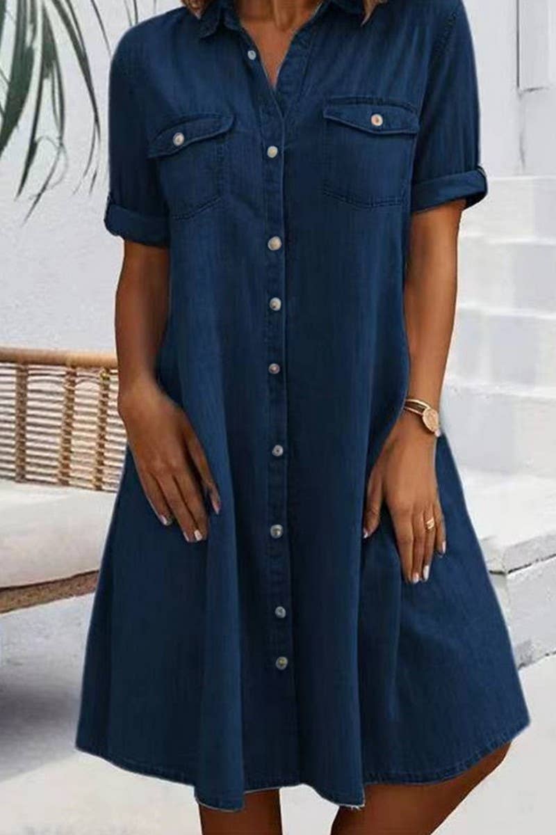 CWDSD8673_SOLID COLOR CASUAL DENIM A-LINE DRESS
