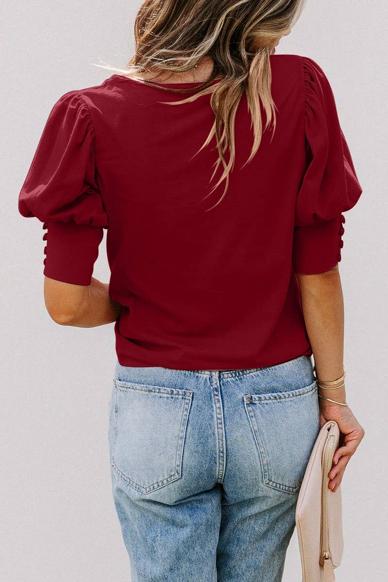 CWTBLS1601_ROUND NECK SOLID COLOR LOOSE SHORT SLEEVE TOP