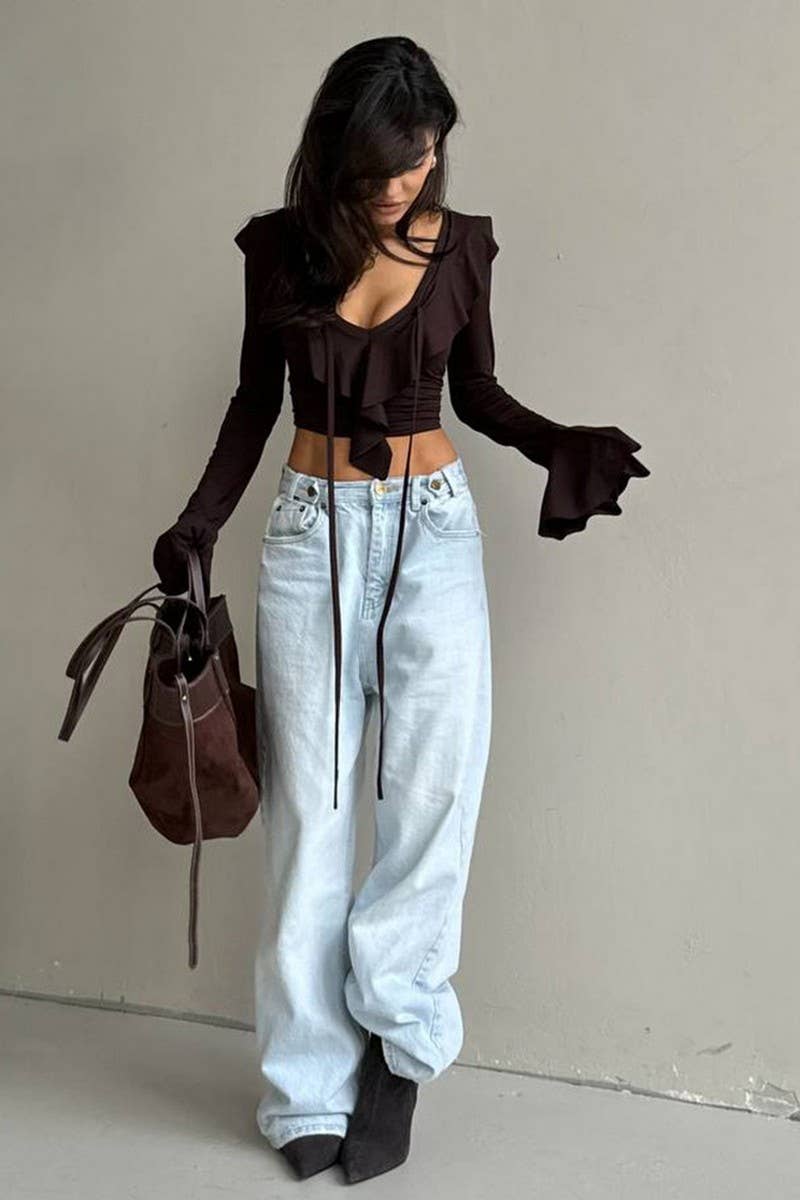 CWTBLL3449_SOLID COLOR V-NECK RUFFLED LONG-SLEEVED TOP