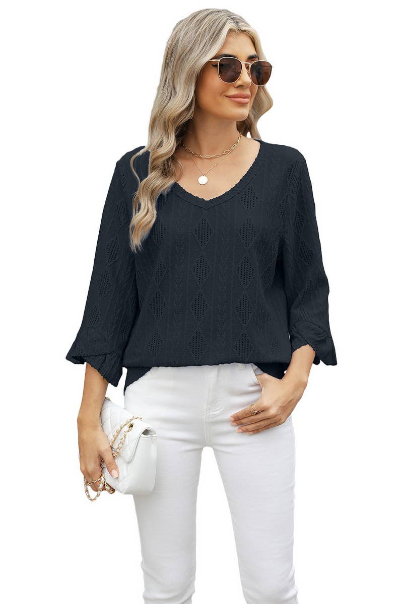 CWTBLL3672_V-NECK DIAMOND CHECK HOLLOW TRUMPET SLEEVE TOP