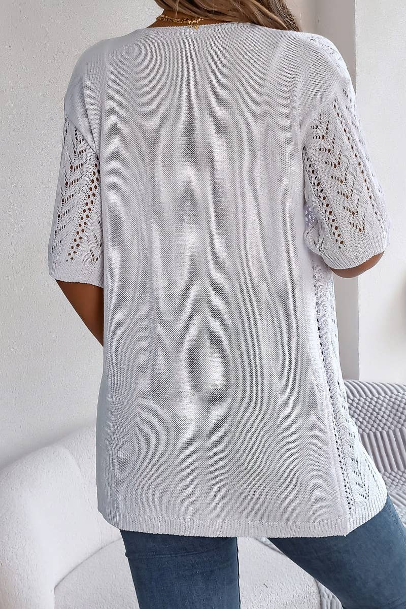 CWTBLS1057_SUMMER SHORT-SLEEVED HOLLOW-KNIT SUNSCREEN SHIRT