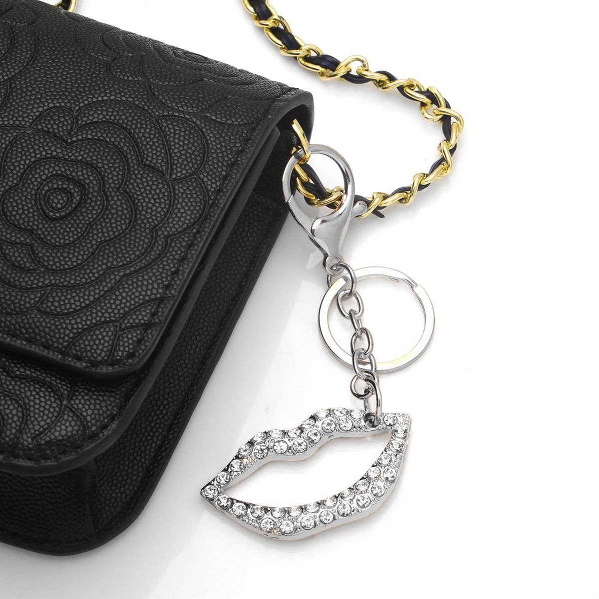 LIPS PENDANT METAL KEYCHAIN WITH DIAMOND BEZEL