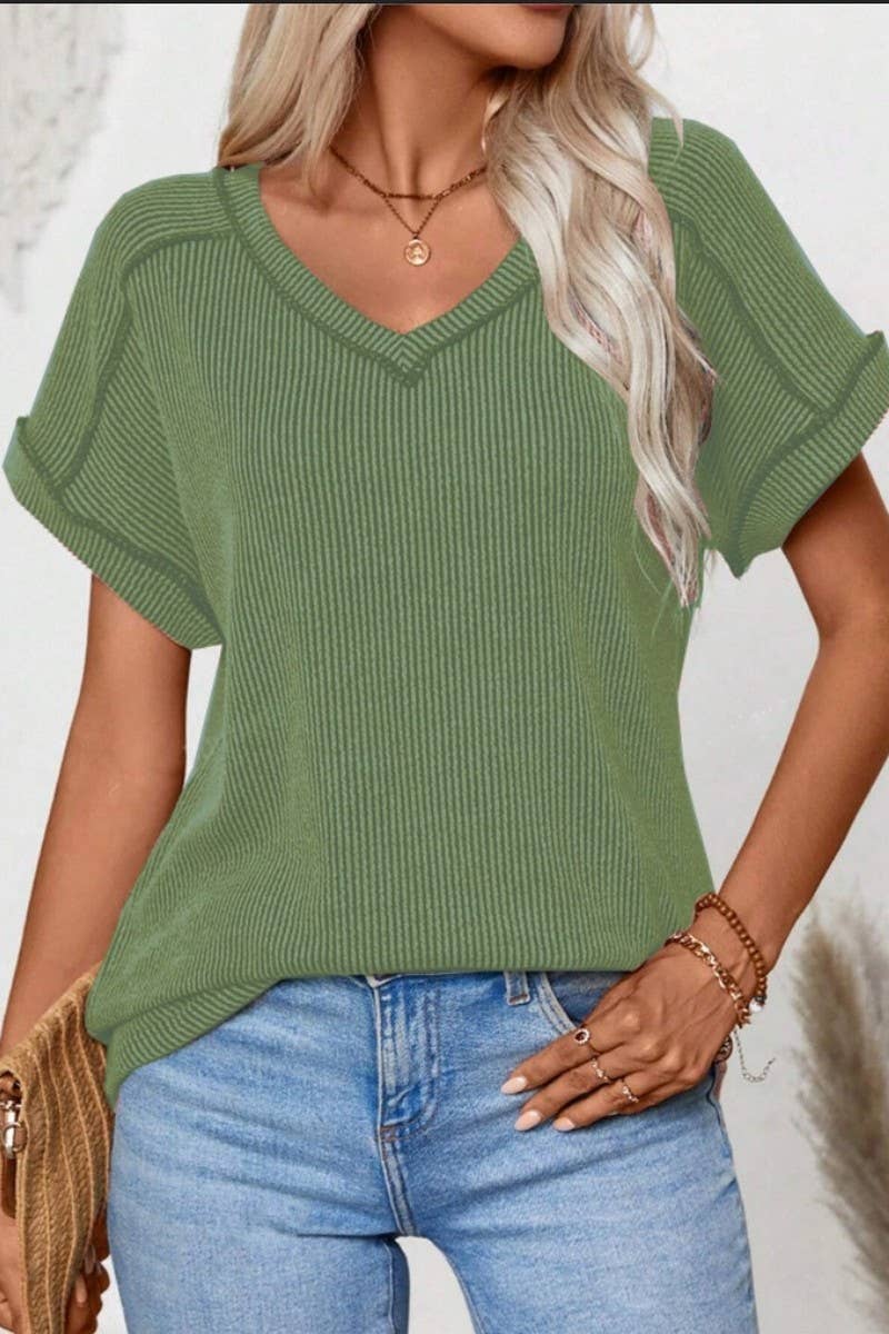 CWTTS1383_FASHIONABLE V-NECK TWISTED SHORT-SLEEVED TOP