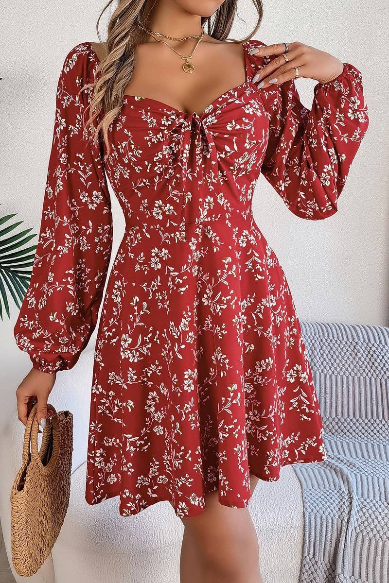 CWDSD7221_CASUAL SQUARE NECK FLORAL LONG SLEEVE A-LINE DRESS