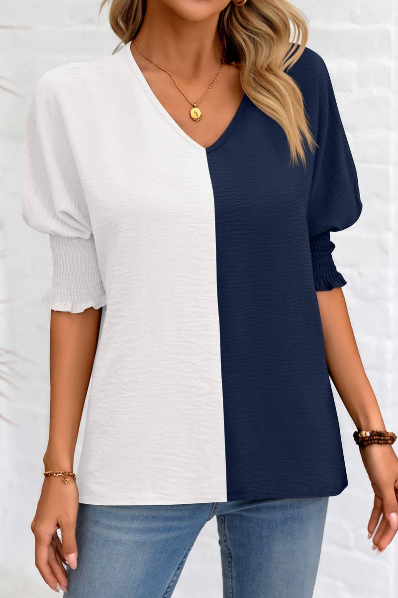 CWTBLS1501_COLORBLOCKED COLLAR LOOSE-FITTING BAT-SLEEVE TOP