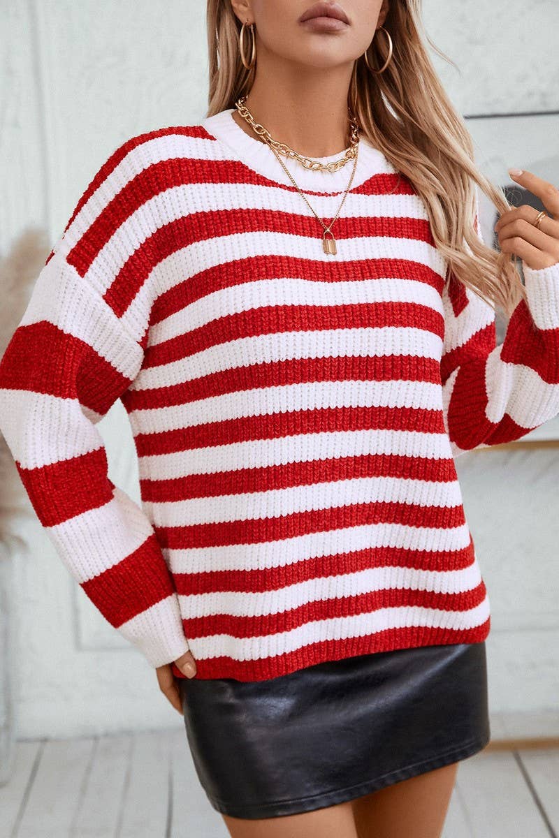 CWOSWL2912_STRIPED COLORBLOCK CHENILLE PULLOVER SWEATER