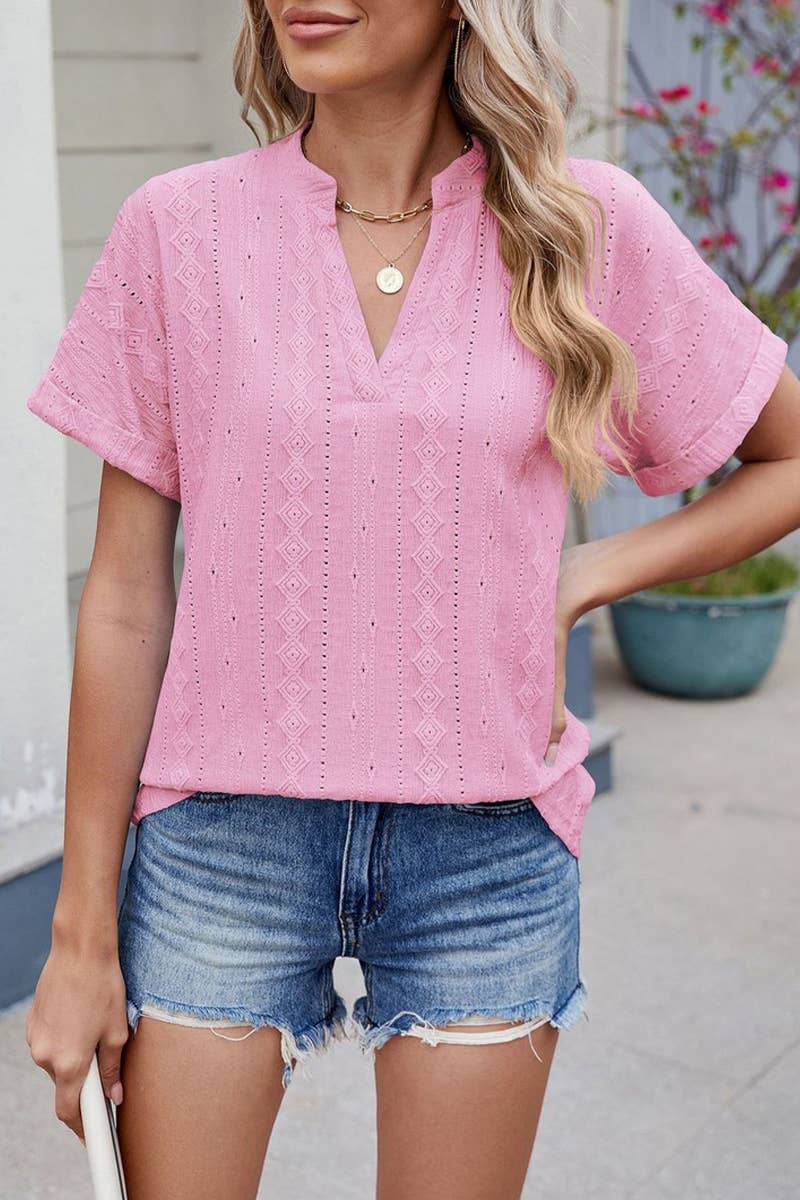 CWTTS1335_SUMMER JACQUARD V-NECK SHORT SLEEVE LOOSE T-SHIRT