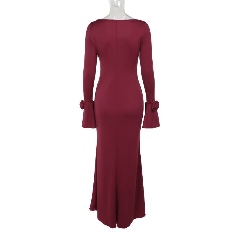 ELEGANT CREW-NECK ROSE LONG-SLEEVED DRESS