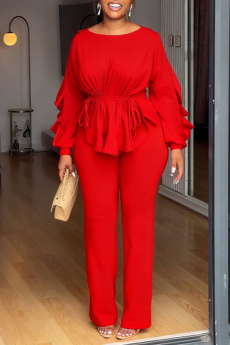 CWSTB00491_2025 ELEGANT RUFFLE DRAWSTRING TOP AND PANTS SET