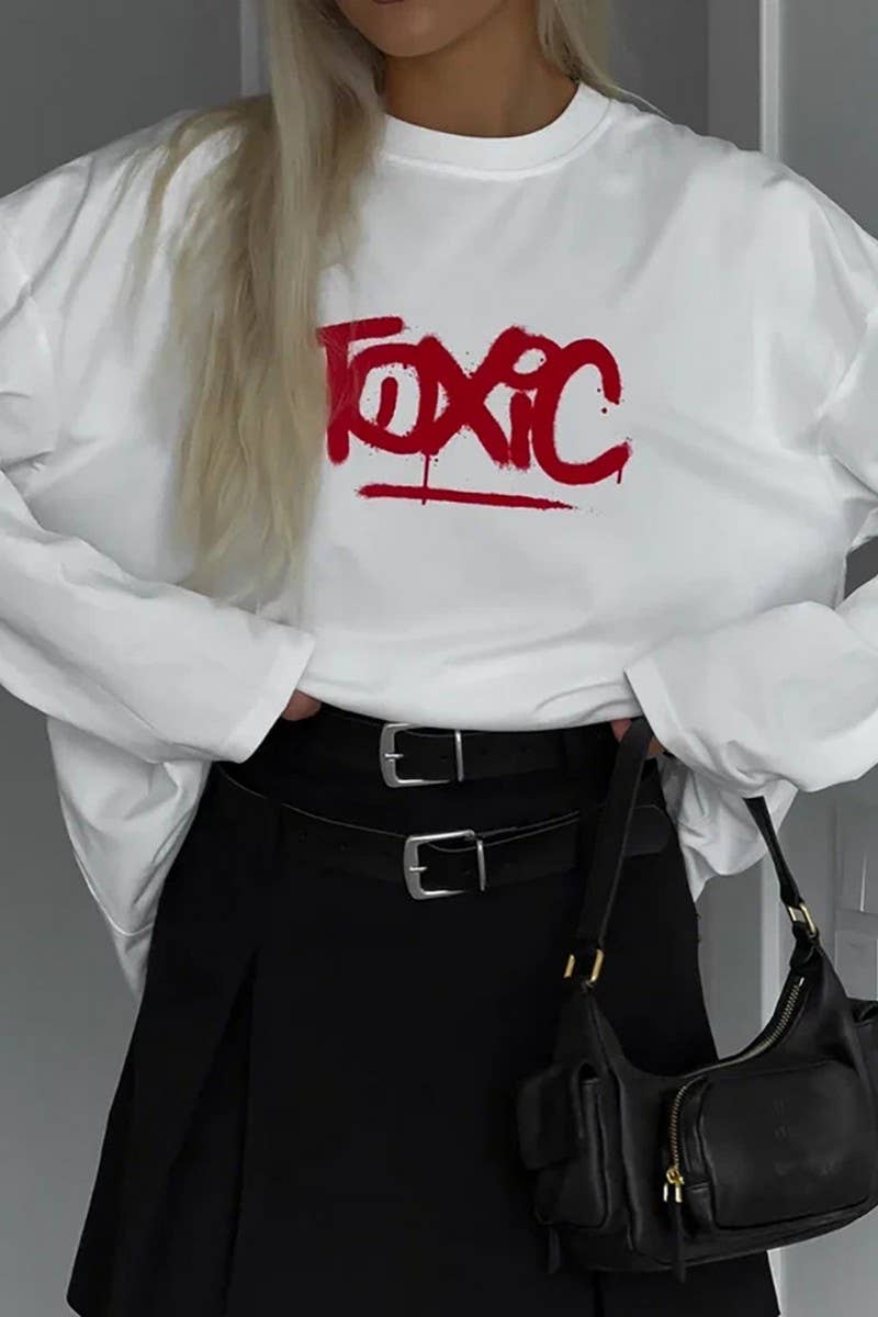 CWTBLL3455_ROUND NECK CONTRAST LETTERING LONG SLEEVE TOP