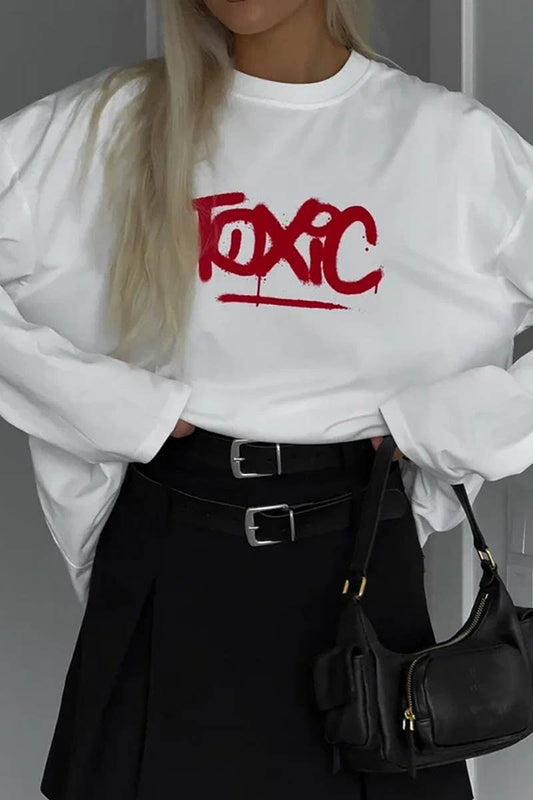 CWTBLL3455_ROUND NECK CONTRAST LETTERING LONG SLEEVE TOP