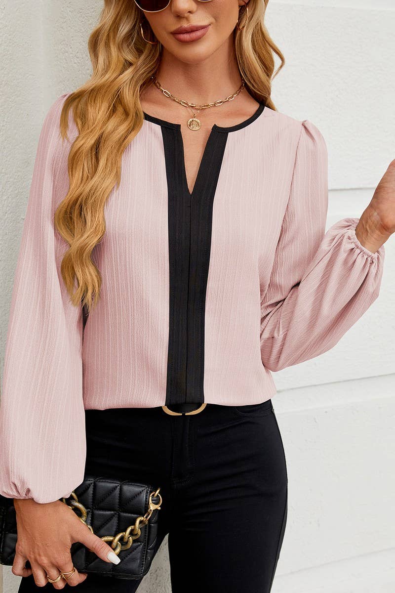 CWTBLL4010_COLORBLOCK V-NECK PUFF SLEEVE BLOUSE