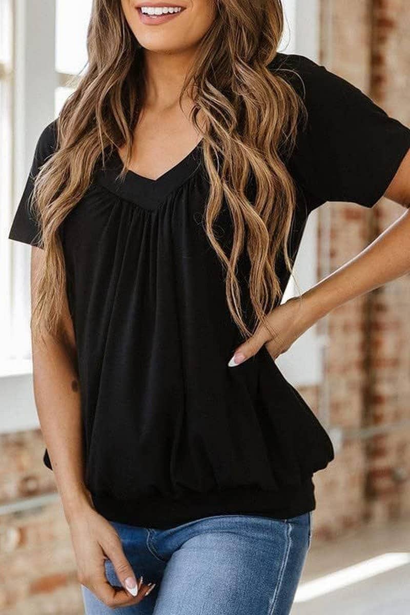 CWTBLS2255_V-NECK RUCHED LOOSE FIT COTTON T-SHIRT