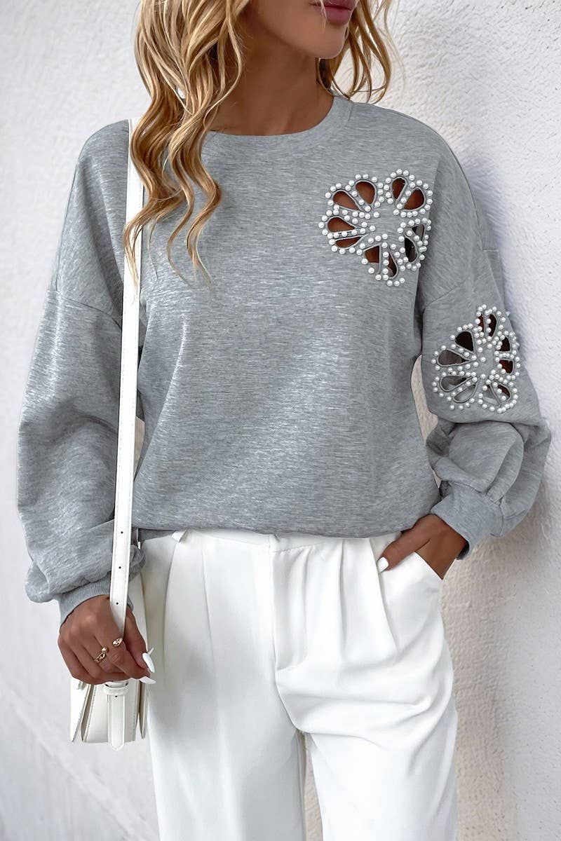 CWTBLL2319_BEADED ROUND NECK HOLLOW PULLOVER SWEATSHIRT