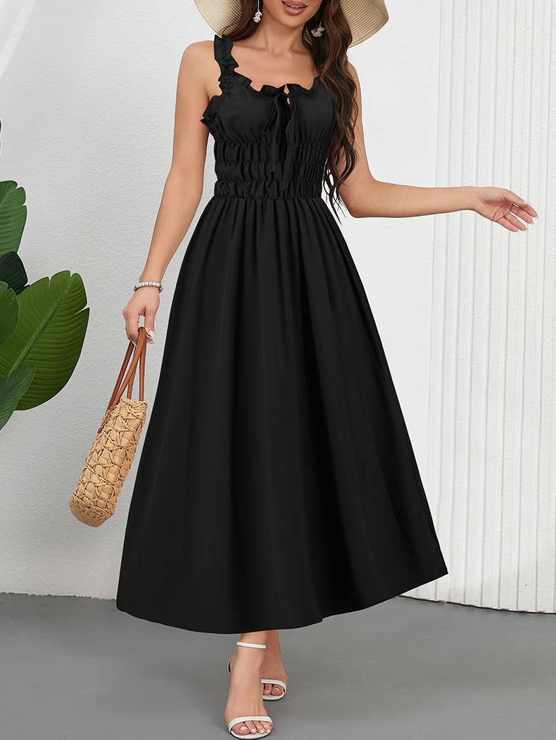 Casual Solid Color Waist-Tie Long Maxi Dress