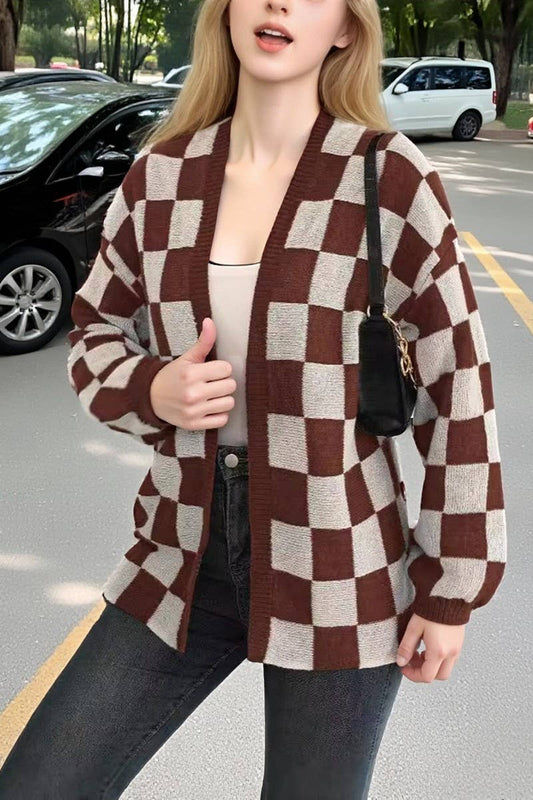 CWOSWL07333_WOMEN BLOCK CHECKERED KNIT CARDIGAN