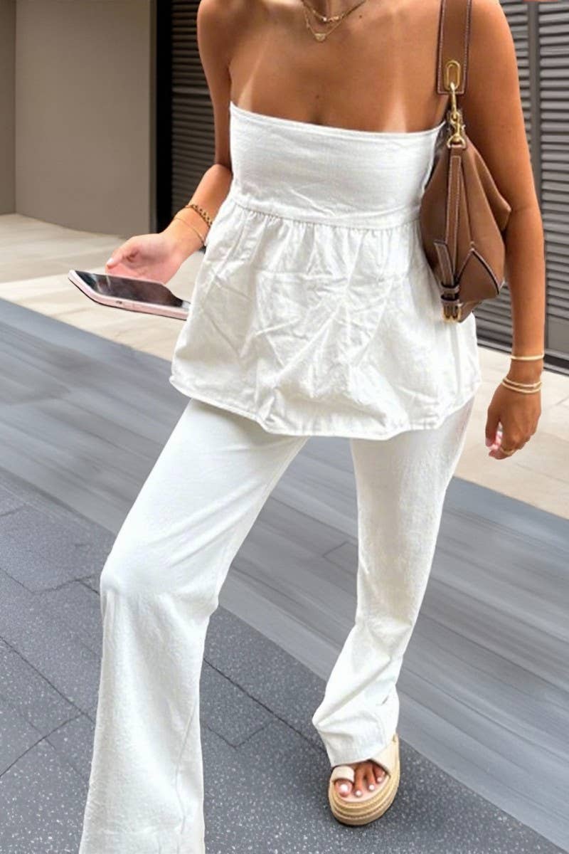 CWSTB00446_CASUAL STRAPLESS TOP AND STRAIGHT PANTS SET