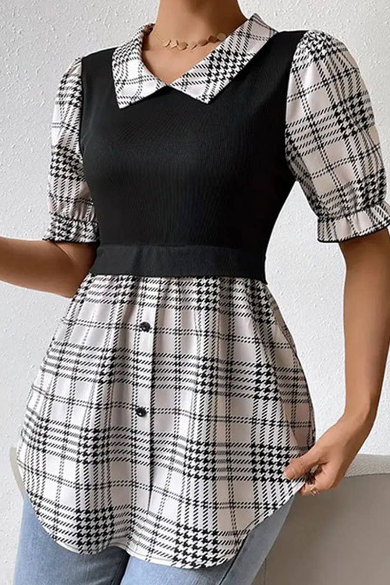 CWDSD7717_CONTRAST BUTTON PLAID MOCK TWO-PIECE DRESS