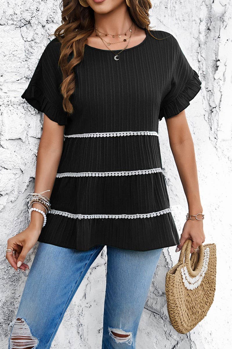 CWTBLL3612_SPRING AND SUMMER CASUAL LACE SHORT SLEEVE TOP